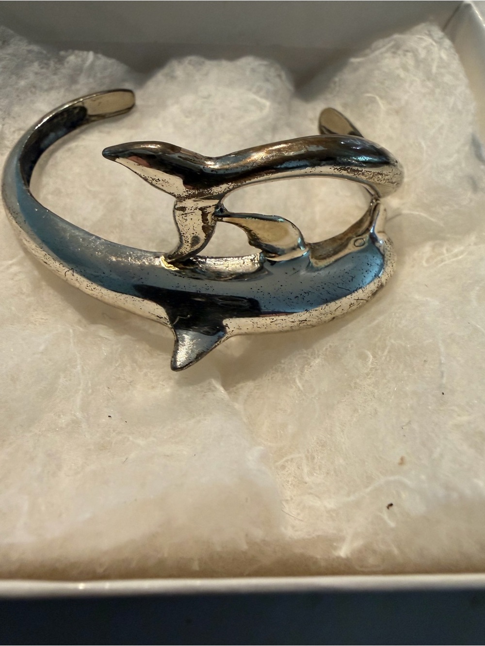 Vintage Mexican Sterling Silver Double Dolphin Bypass Cuff Bracelet